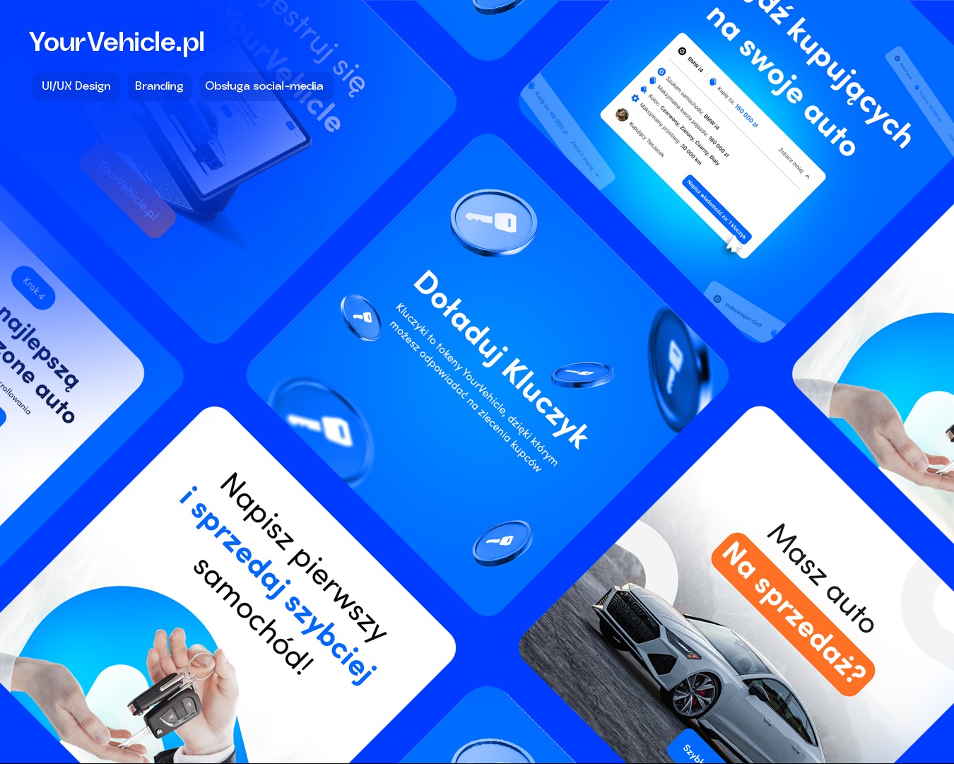 Projekt strony internetowej YourVehicle.pl w niebieskiej tonacji, prezentujący UI/UX Design, branding i obsługę social media. Widoczne elementy interfejsu i grafiki.