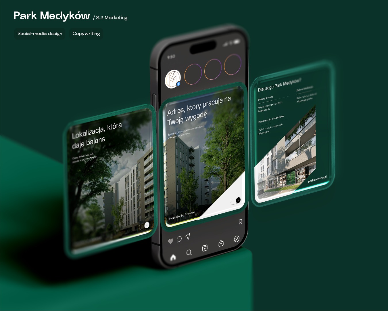 Prezentacja kampanii social media dla Parku Medyków z Krapkowic. Grafika przedstawia wizualizacje postów na smartfonie, promujących lokalizację i udogodnienia.