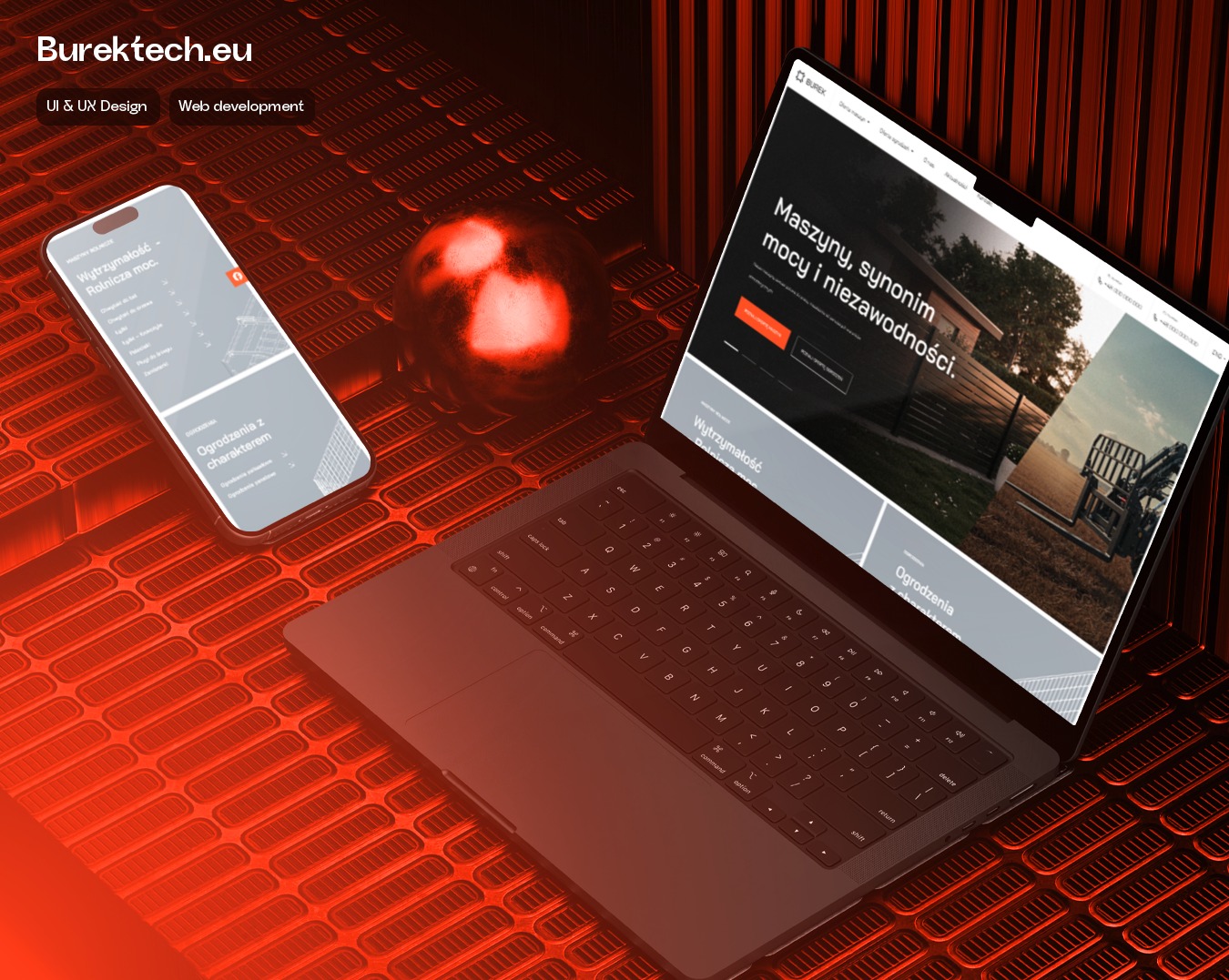 Laptop i smartfon prezentują responsywną stronę Burektech.eu z UI/UX Design i Web development na tle czerwonej, metalicznej powierzchni. Widoczne hasła: Wytrzymałość, Ogrodzenia.