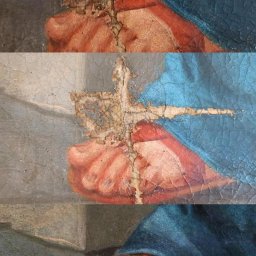 Trzy etapy naprawy rozdarcia płótna z ubytkiem warstwy malarskiej.