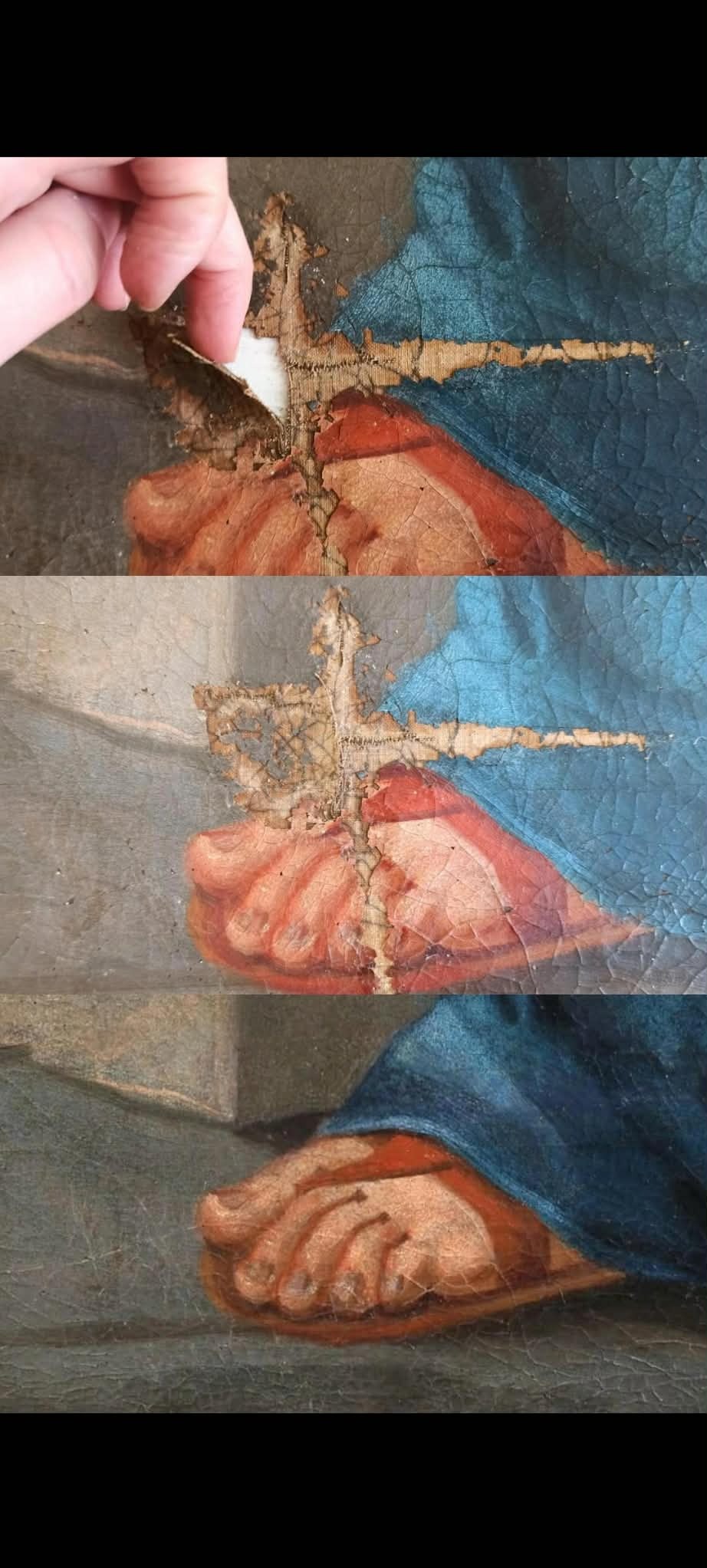 Trzy etapy naprawy rozdarcia płótna z ubytkiem warstwy malarskiej.