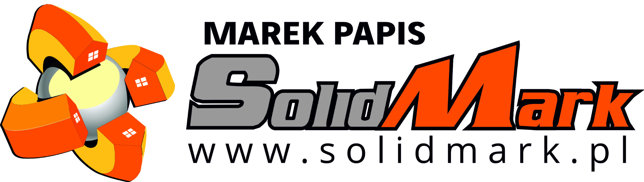 Logo firmy Marek Papis SolidMark z symbolem domu w kolorach pomarańczowo-żółtych i adresem strony www.solidmark.pl na białym tle.