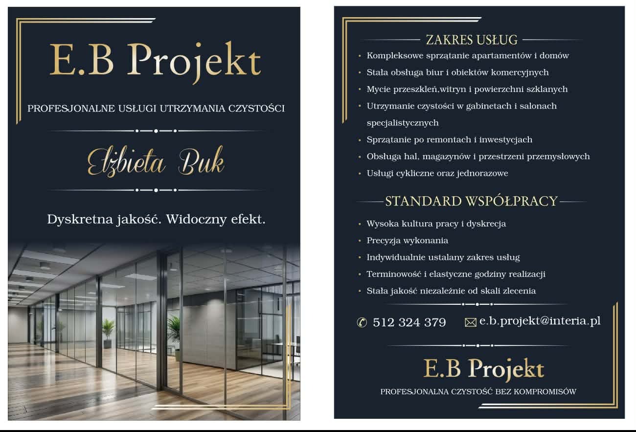 Elegancka grafika firmy E.B Projekt, oferującej profesjonalne usługi utrzymania czystości. Widok na czyste, przeszklone biuro. Minimalizm i dbałość o detale.