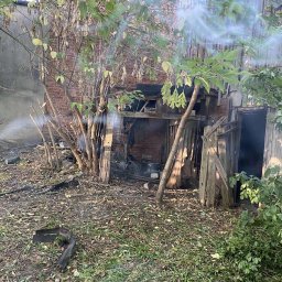 M&W Transport - Zrujnowana, częściowo spalona drewniana konstrukcja z ceglanym kominem w tle, otoczona zielenią i dymem, sugerująca rozbiórkę lub pożar.