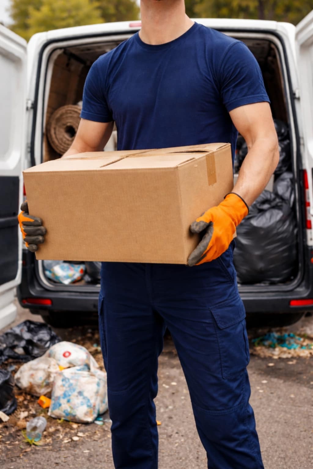 Pracownik w niebieskim uniformie i pomarańczowych rękawicach niesie karton na tle otwartego busa wypełnionego workami i przedmiotami podczas opróżniania mieszkania.