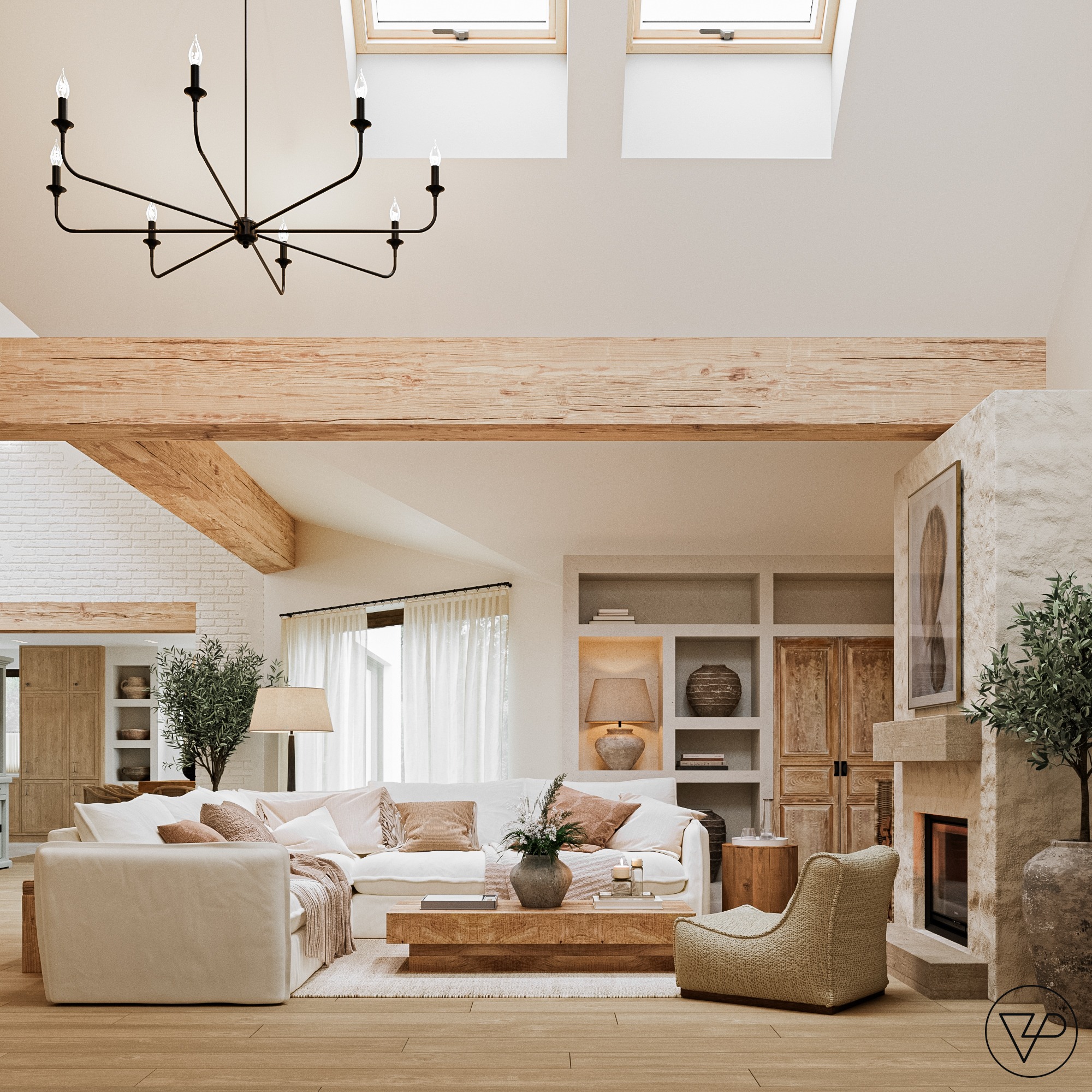 Jasne wnętrze salonu z drewnianymi belkami stropowymi, kominkiem i białym narożnikiem. Widoczne okna dachowe i nowoczesny żyrandol. Styl rustykalny z elementami nowoczesności.