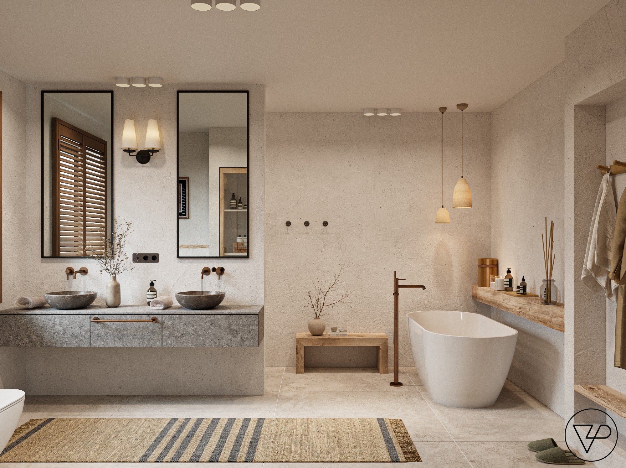 Stylowa łazienka w beżach: wanna wolnostojąca, umywalki nablatowe z szarego kamienia, drewniane akcenty i teksturowane ściany. Minimalistyczny design z nutą natury.