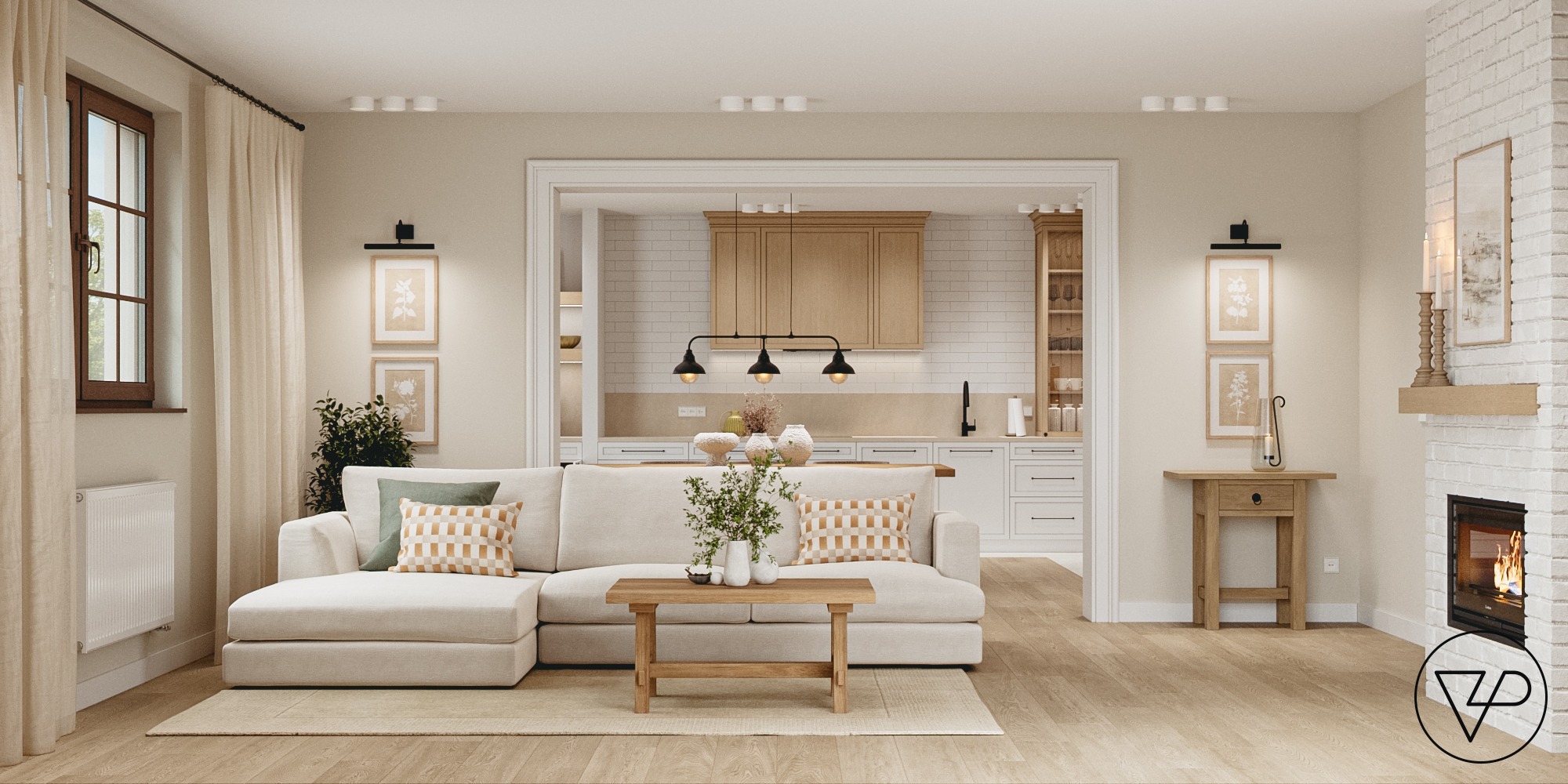 Jasne wnętrze: salon z beżową sofą, drewnianym stolikiem kawowym i widokiem na kuchnię z białymi szafkami. Kominek z cegły i drewniane podłogi dodają ciepła.