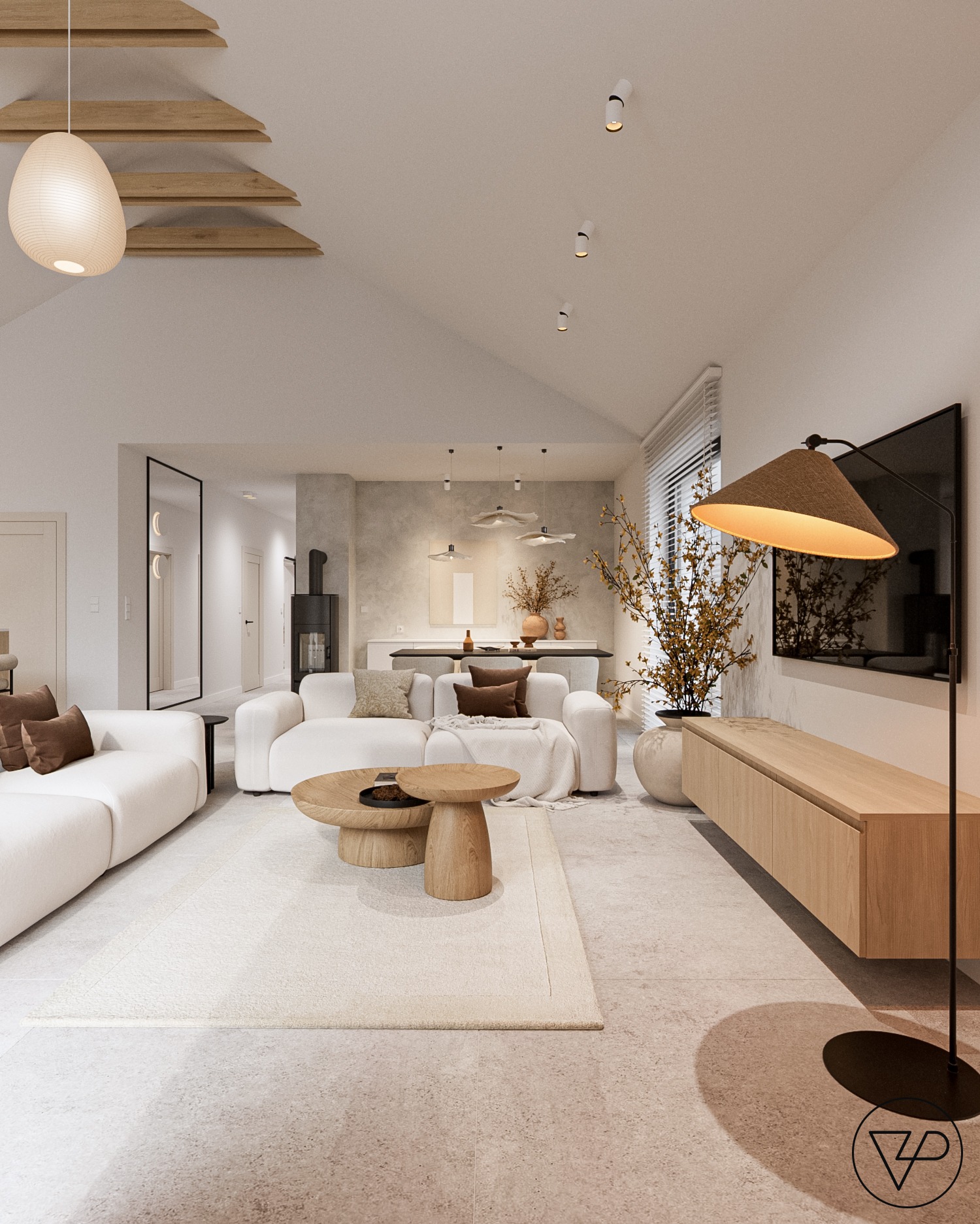 Jasne wnętrze salonu z drewnianymi akcentami: stoliki kawowe, szafka RTV, lampa podłogowa. Minimalistyczny design z sofą i dekoracjami roślinnymi.