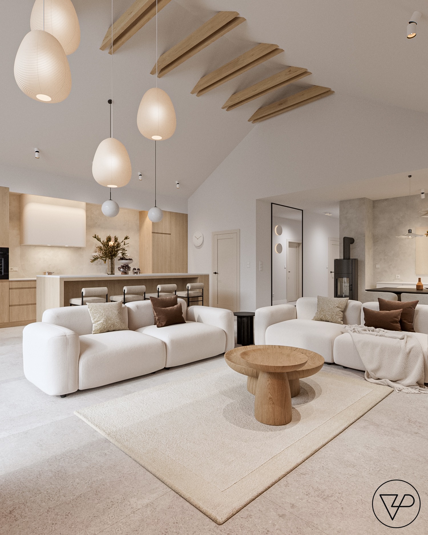 Jasne, przestronne wnętrze z otwartą kuchnią i salonem. Dwie białe sofy, drewniany stolik kawowy i beżowy dywan tworzą przytulną atmosferę. Widoczne drewniane belki na suficie.