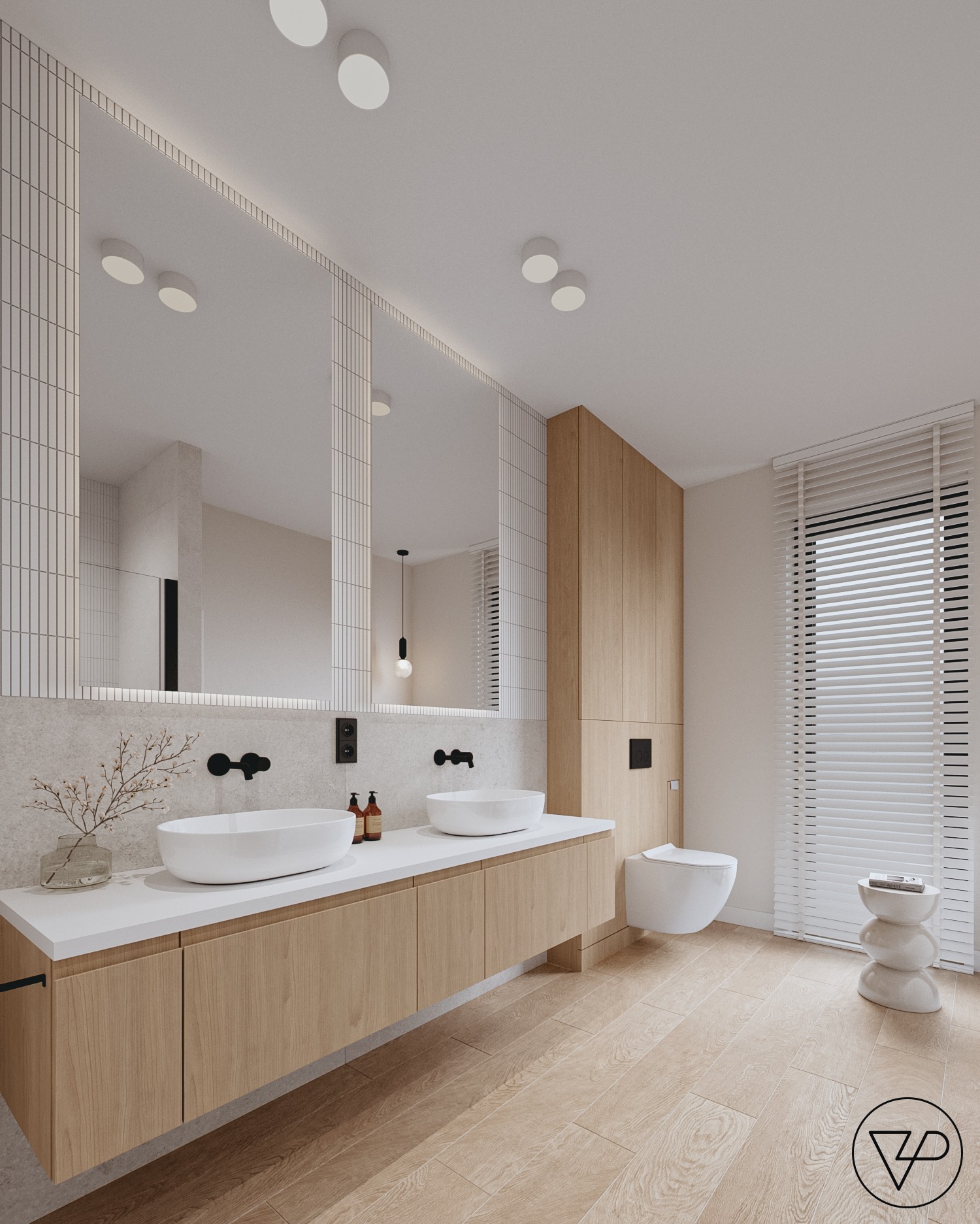 Nowoczesna aranżacja łazienki w Morągu: drewniane szafki pod umywalki, duże lustro z podświetleniem LED i minimalistyczna toaleta w zabudowie.