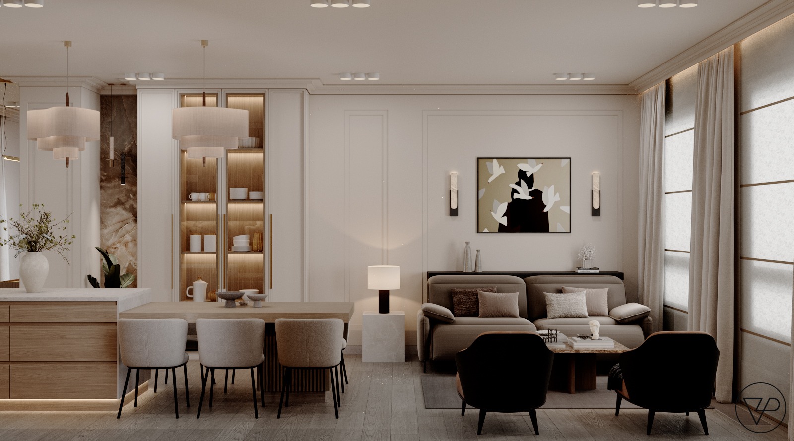 Eleganckie wnętrze: salon z jadalnią w beżach. Sofa, krzesła, stół i szafki z ekspozycją naczyń. Minimalistyczny obraz i lampy dodają charakteru.