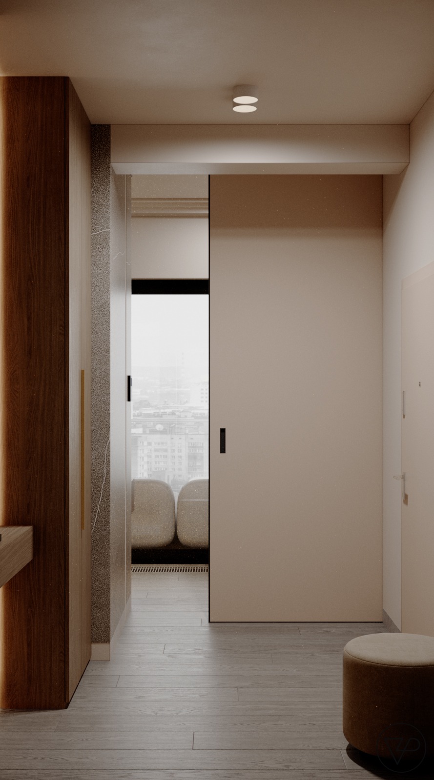 Nowoczesny przedpokój z drewnianą szafą, przesuwnymi drzwiami i widokiem na miasto z balkonu. Minimalistyczny design, stonowana kolorystyka, oświetlenie punktowe.