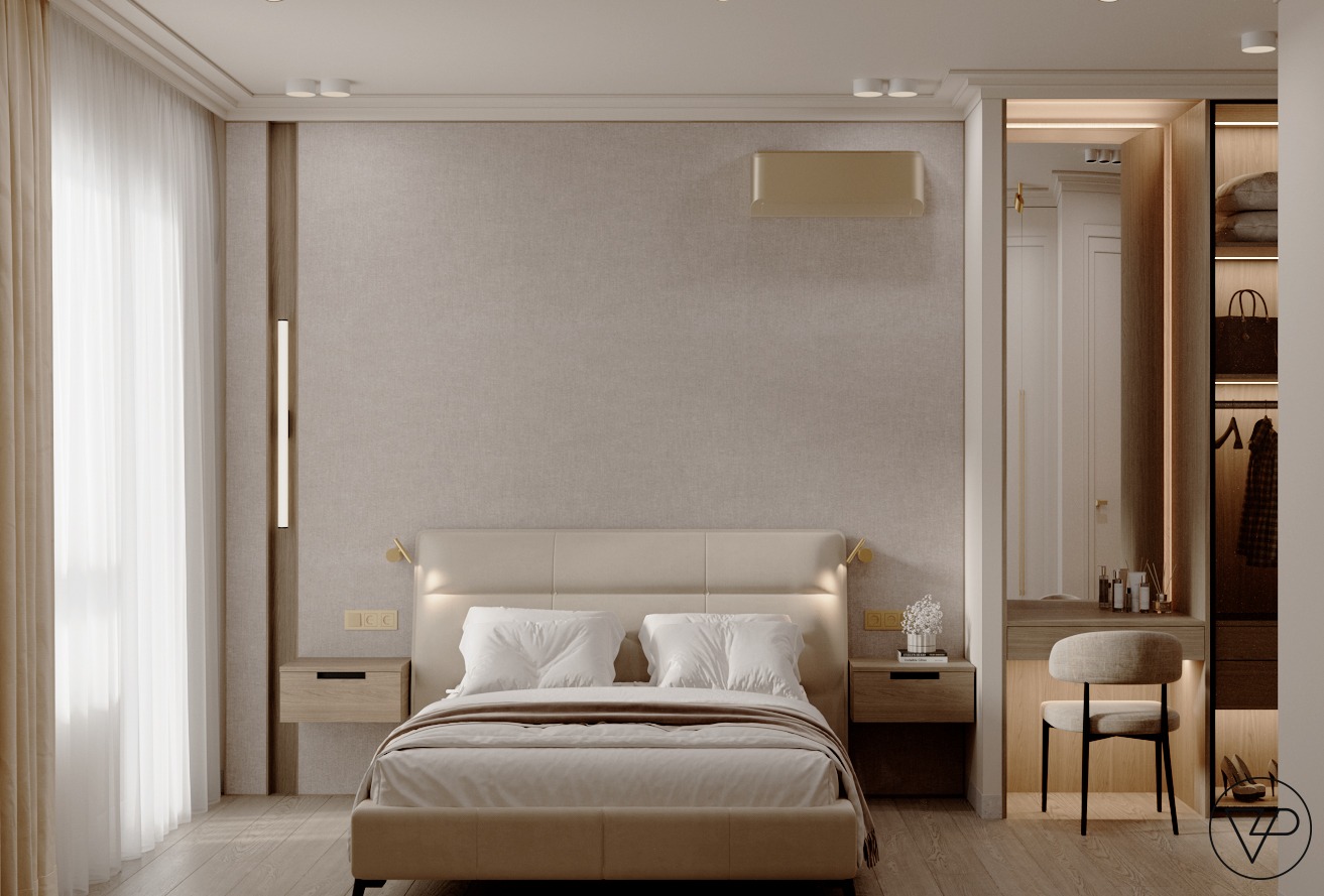Beżowa sypialnia w minimalistycznym stylu: łóżko z podświetlanym zagłówkiem, szafki nocne, toaletka z lustrem i krzesłem oraz szafa wnękowa z oświetleniem.