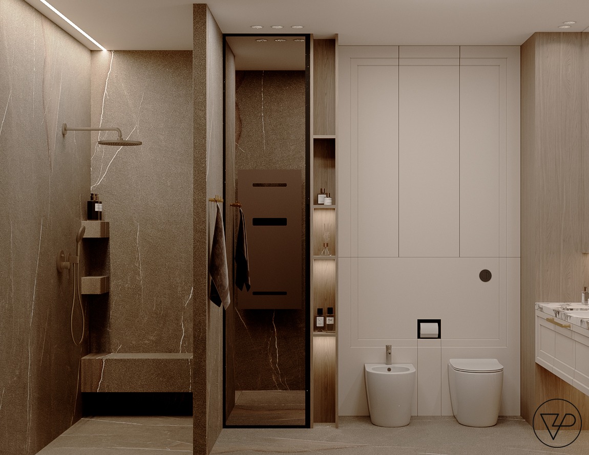 Nowoczesna łazienka z kabiną prysznicową typu walk-in, zabudową meblową w odcieniach beżu i szarości oraz elementami dekoracyjnymi. Minimalistyczny design, subtelne oświetlenie.