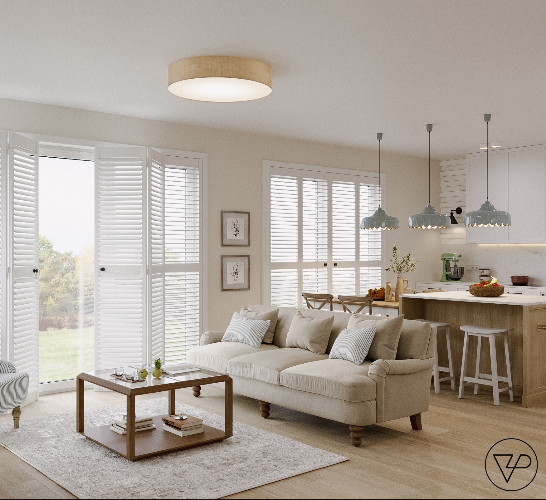 Jasne wnętrze z beżową sofą, drewnianym stolikiem kawowym i otwartą kuchnią z wyspą. Okna z białymi okiennicami wpuszczają naturalne światło. Minimalistyczny design.