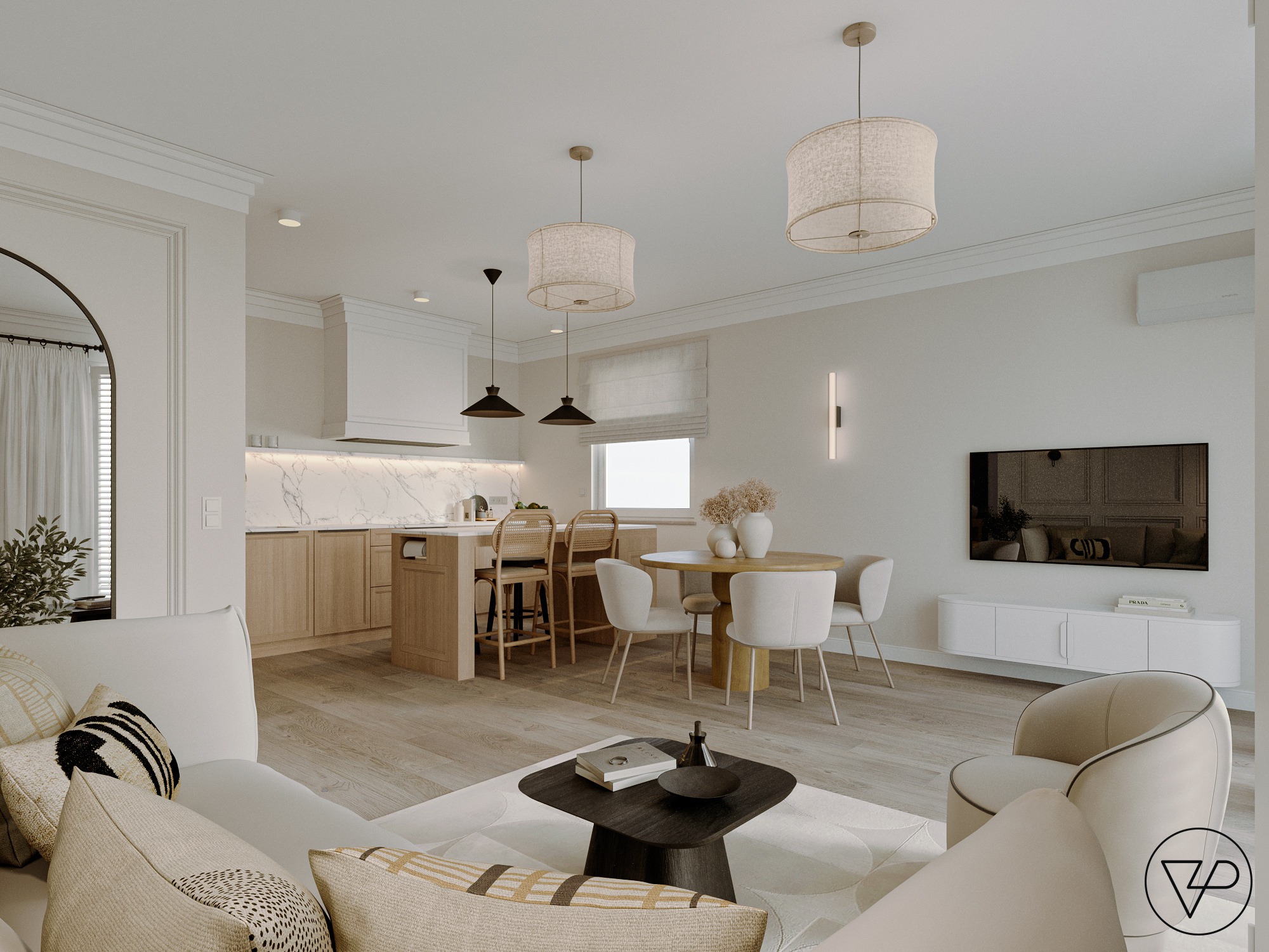 Jasne wnętrze z drewnianą kuchnią, okrągłym stołem i wygodną sofą. Minimalistyczny design z dbałością o detale, jak lampy i dekoracje. Widok na salon z perspektywy.