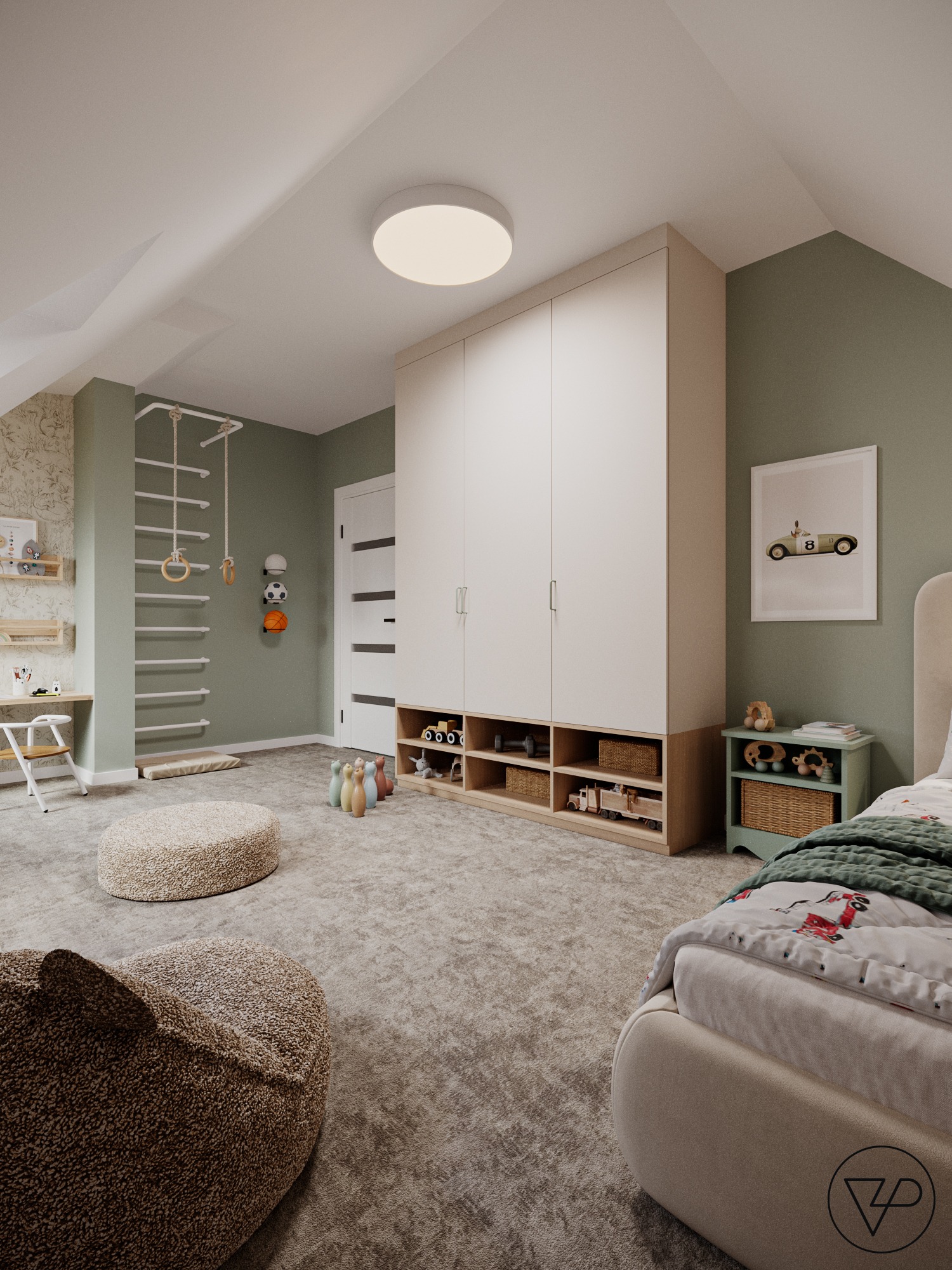 Pokój dziecięcy na poddaszu z beżową szafą wnękową, drabinką gimnastyczną i biurkiem. Pastelowe ściany, dywan w odcieniach szarości. Przytulne i funkcjonalne wnętrze.