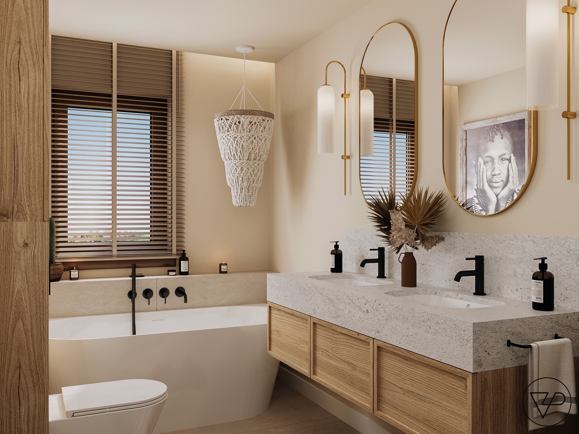 Jasna łazienka z drewnianymi akcentami: podwójna umywalka z kamiennym blatem, owalne lustra w złotych ramach i wisząca lampa z frędzlami. Minimalistyczny design.