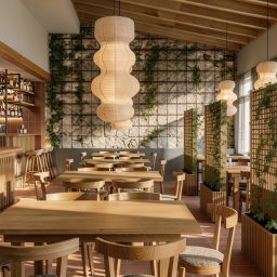 Anna Komorowicz Studio - Jasne wnętrze restauracji z drewnianymi stołami i krzesłami, dekoracyjnymi lampami i ścianą z roślinnością. Widoczny bar z ekspresem do kawy i butelkami.