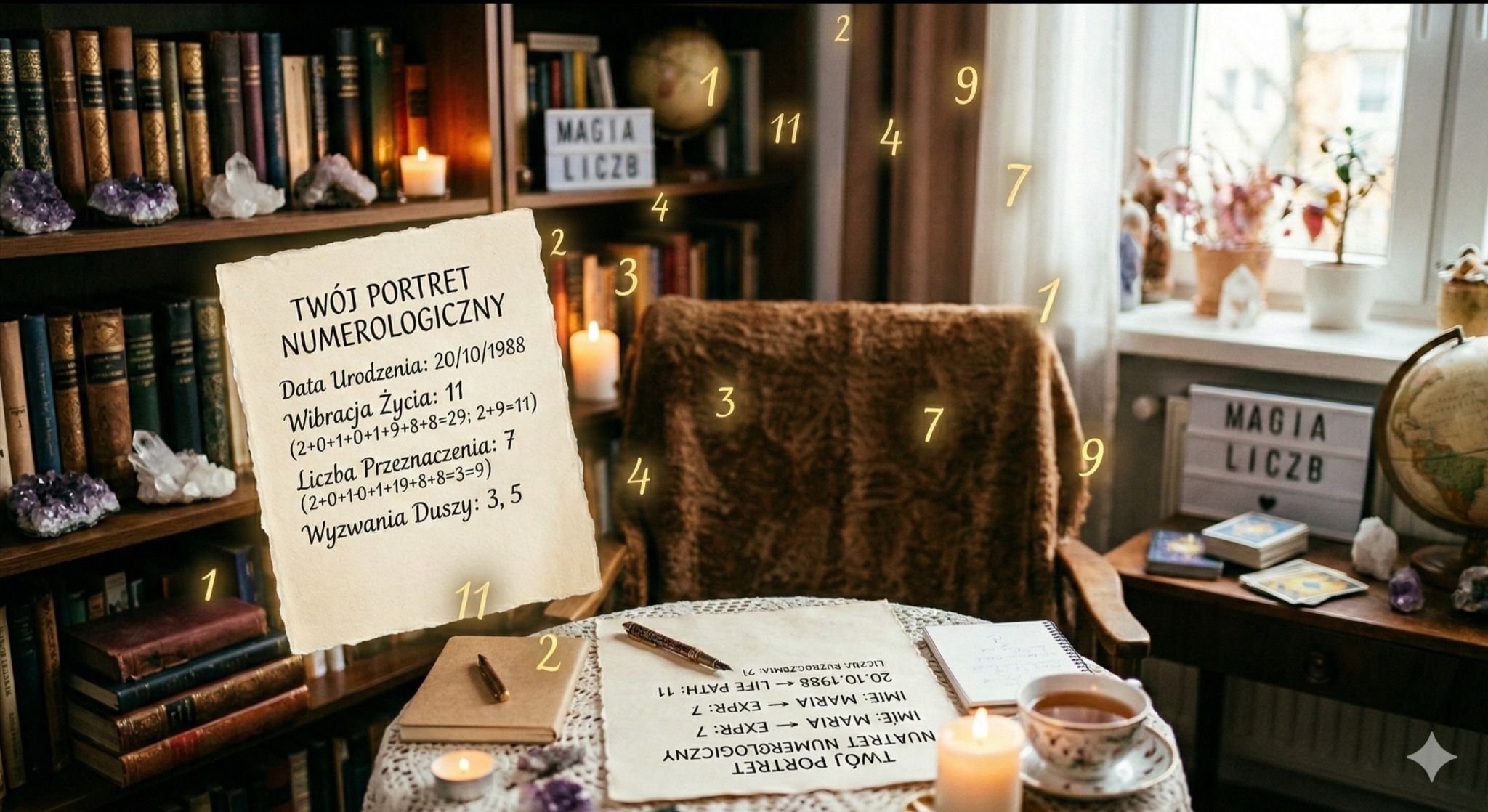 Numerologiczny portret z datą urodzenia 20/10/1988, liczbą przeznaczenia 7 i wibracją życia 11, otoczony świecami i książkami w przytulnym wnętrzu.