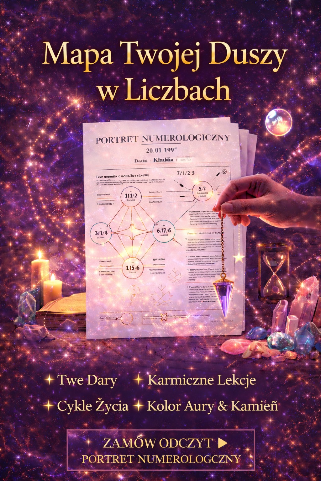 Portret numerologiczny z wahadełkiem, świecami i kryształami na tle kosmicznego pyłu. Odczyt daty urodzenia, analiza cyfr i energii. Ezoteryka, numerologia.