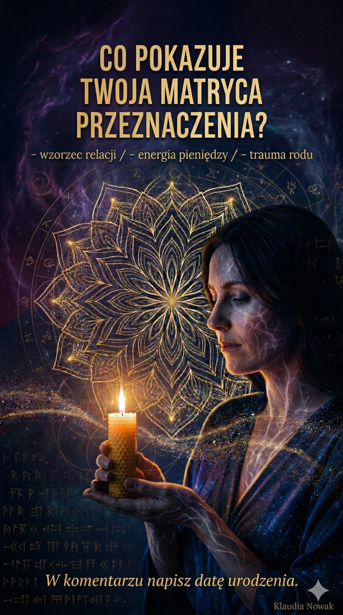 Grafika: kobieta z świecą na tle mandali i kosmosu, pytanie o matrycę przeznaczenia, wzorce relacji, energię pieniędzy i traumę rodu. Klaudia Nowak.