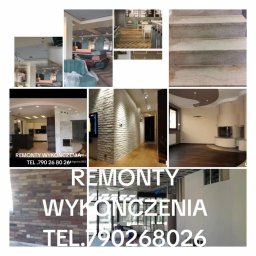 Janusz Goluch - Kolaż zdjęć z realizacji remontów: salon z kominkiem, korytarz z cegłą dekoracyjną, schody z okładziną, wnętrze biura, sufit podwieszany. Widoczny numer telefonu.