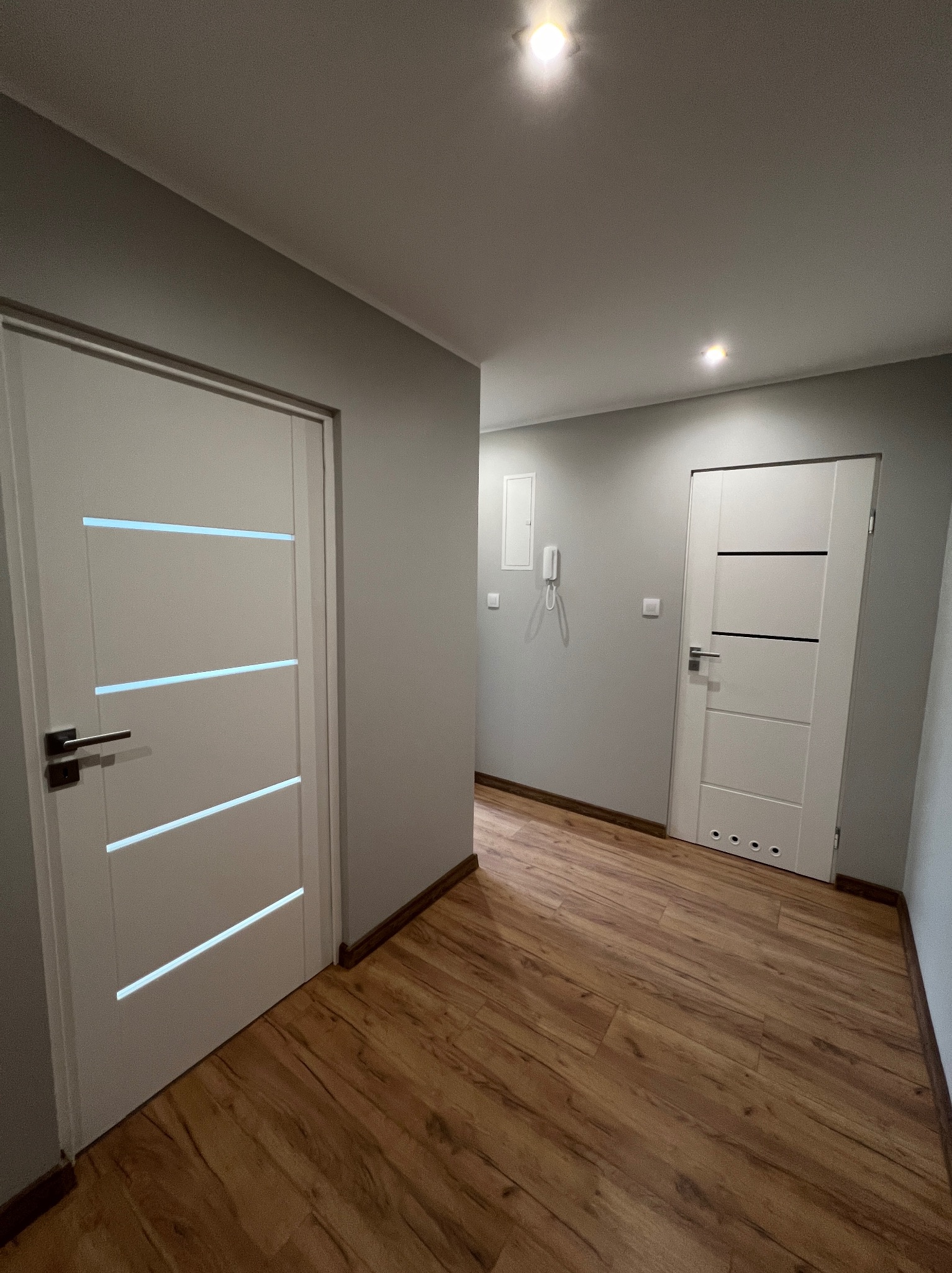 Korytarz po remoncie: drewnopodobna podłoga, szare ściany, białe drzwi z poziomymi przeszkleniami i metalowymi klamkami. Widoczne oświetlenie sufitowe.