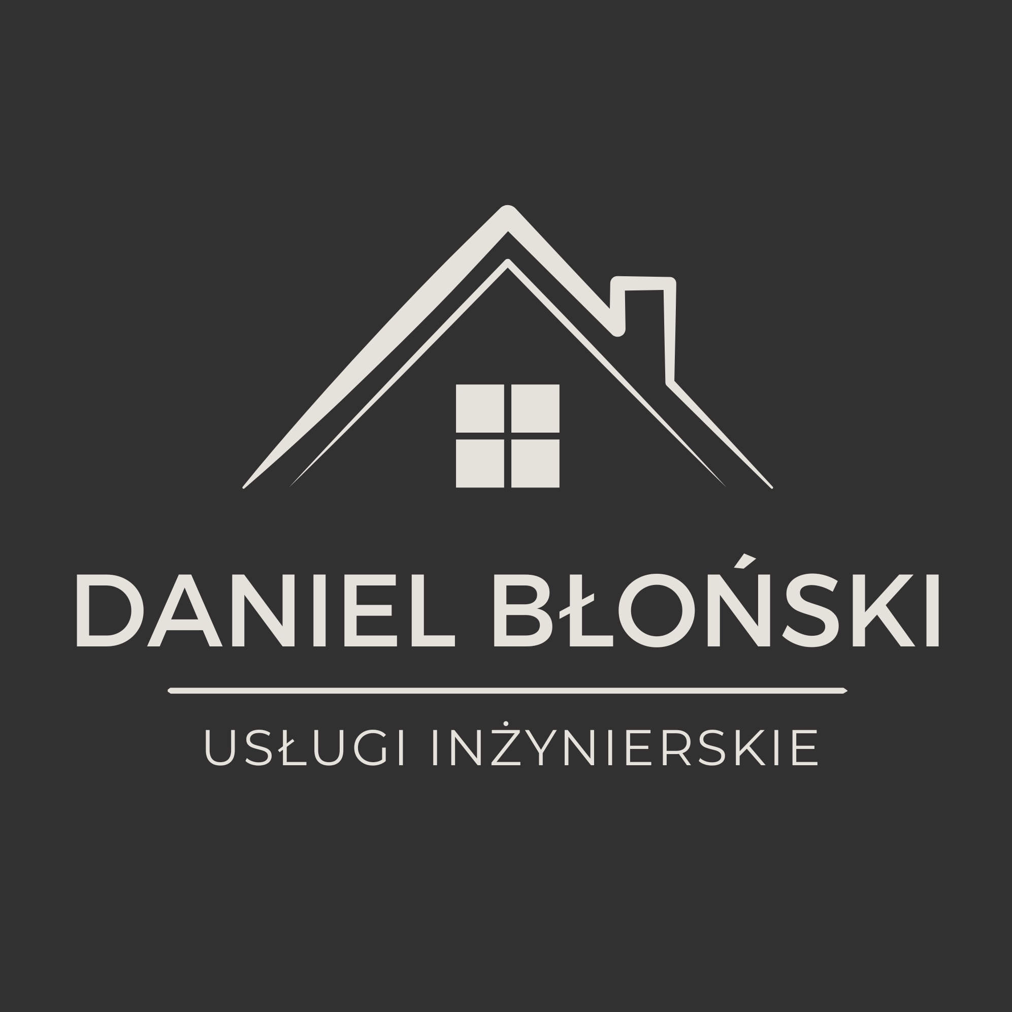 Minimalistyczne logo firmy inżynierskiej: stylizowany dom z oknami nad napisem 'Daniel Błoński Usługi Inżynierskie' na ciemnoszarym tle.