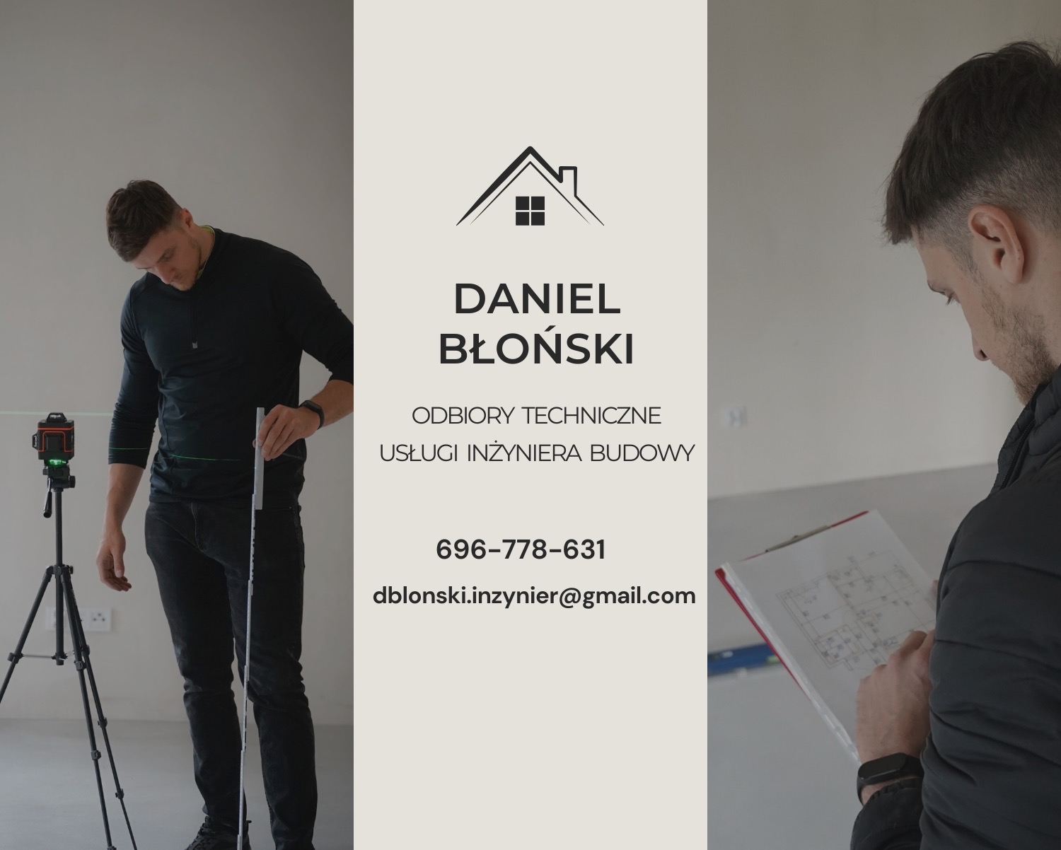 Inżynier budowy z niwelatorem laserowym i planami sprawdza odbiór techniczny mieszkania. Widoczny kontakt i logo firmy.