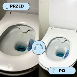 Sparkle House - Toaleta przed i po czyszczeniu. Po lewej stronie widoczne zabrudzenia, po prawej czysta, lśniąca toaleta. Efekt sprzątania z użyciem kostki toaletowej.