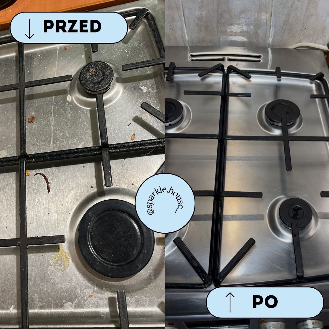 Kuchenka gazowa: widok z góry, lewa strona 'Przed' - zabrudzona, prawa 'Po' - czysta, błyszcząca. Układ rusztu i palników symetryczny. Efekt czyszczenia.