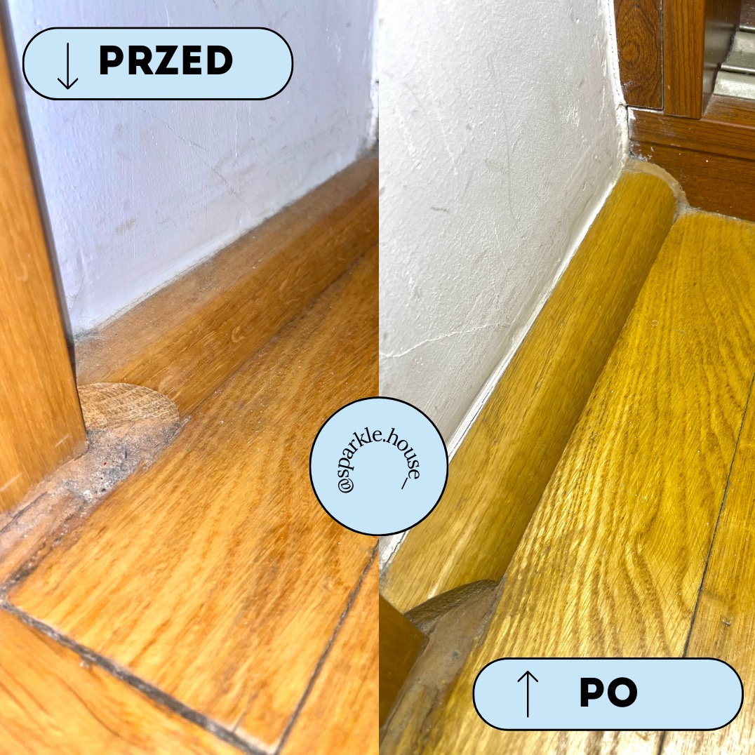Parkiet dębowy: fragment podłogi przed i po czyszczeniu, widoczne różnice w czystości przy listwach przypodłogowych. Ujęcie z bliska, z logo firmy.