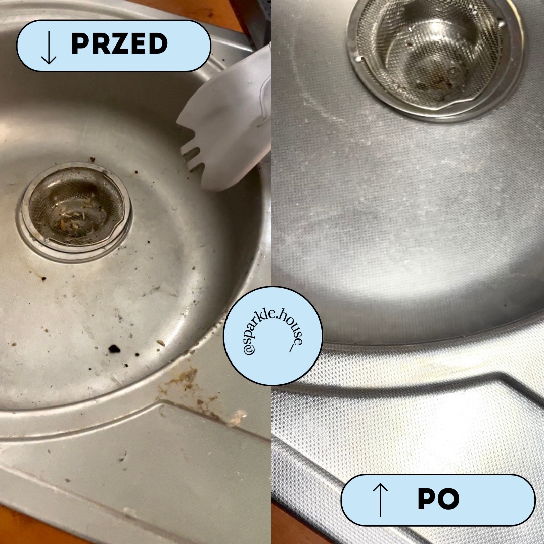 Zlewozmywak stalowy: po lewej brudny z resztkami, po prawej lśniący czystością. Ujęcie typu 'przed i po' z bliska, ukazujące efekt sprzątania.