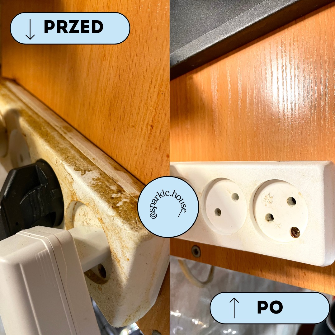 Gniazdko elektryczne przed i po czyszczeniu, widoczne zabrudzenia i efekt po usunięciu brudu. Porównanie stanu gniazdka przed i po sprzątaniu.