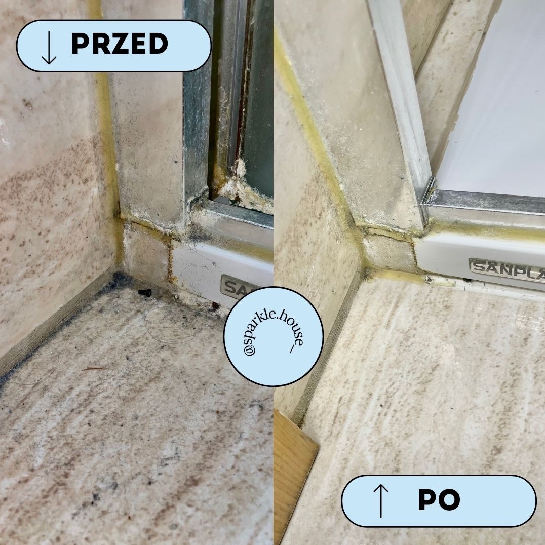 Kafelki w kabinie prysznicowej: widoczny efekt czyszczenia 'przed' z pleśnią i 'po' - czyste fugi i powierzchnia. Logo firmy w centrum kadru.