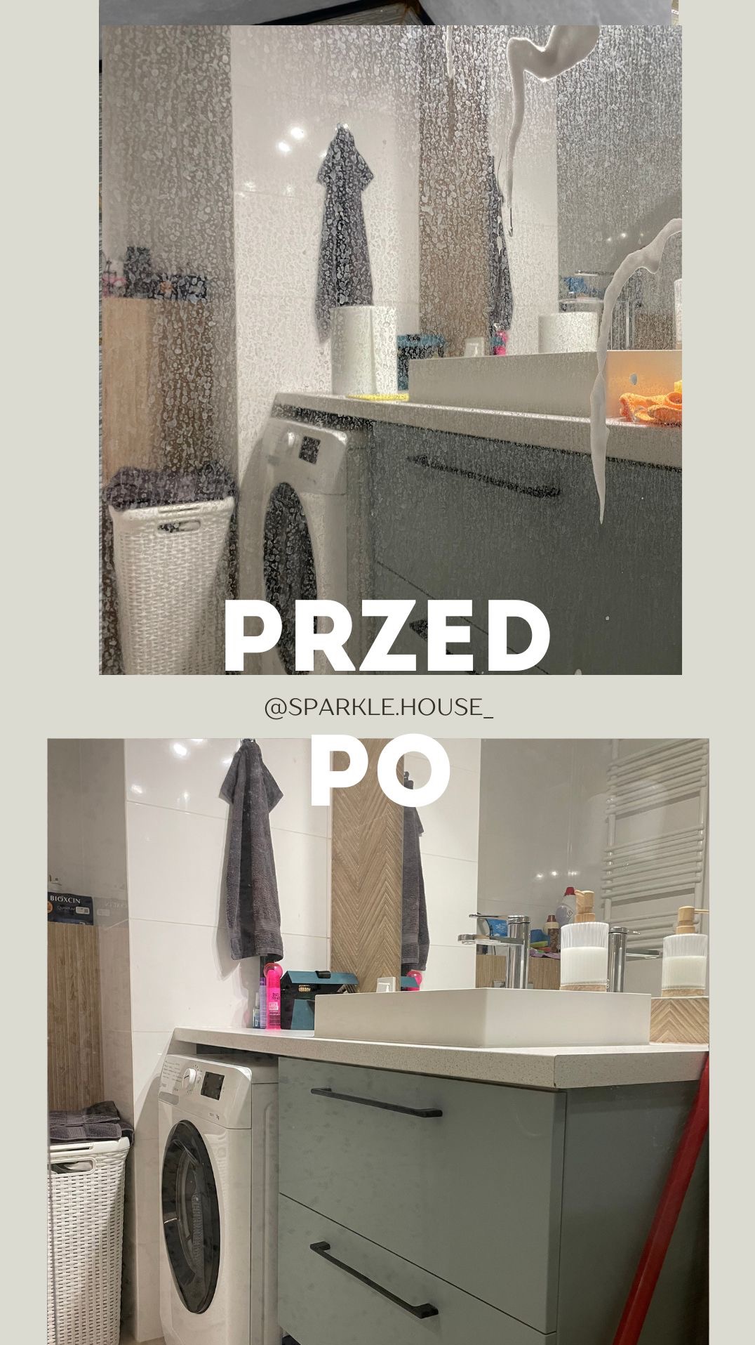 Zdjęcie łazienki w układzie 'przed i po' sprzątaniu. Górna część ukazuje silne zabrudzenia, dolna - czystą, odświeżoną przestrzeń z pralką i umywalką.
