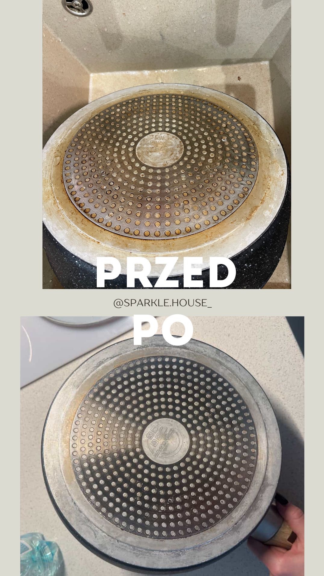 Patelnia 'przed i po' czyszczeniu w Warszawie. Widoczne przypalenia usunięte, spód naczynia lśni czystością. Efekt sprzątania.