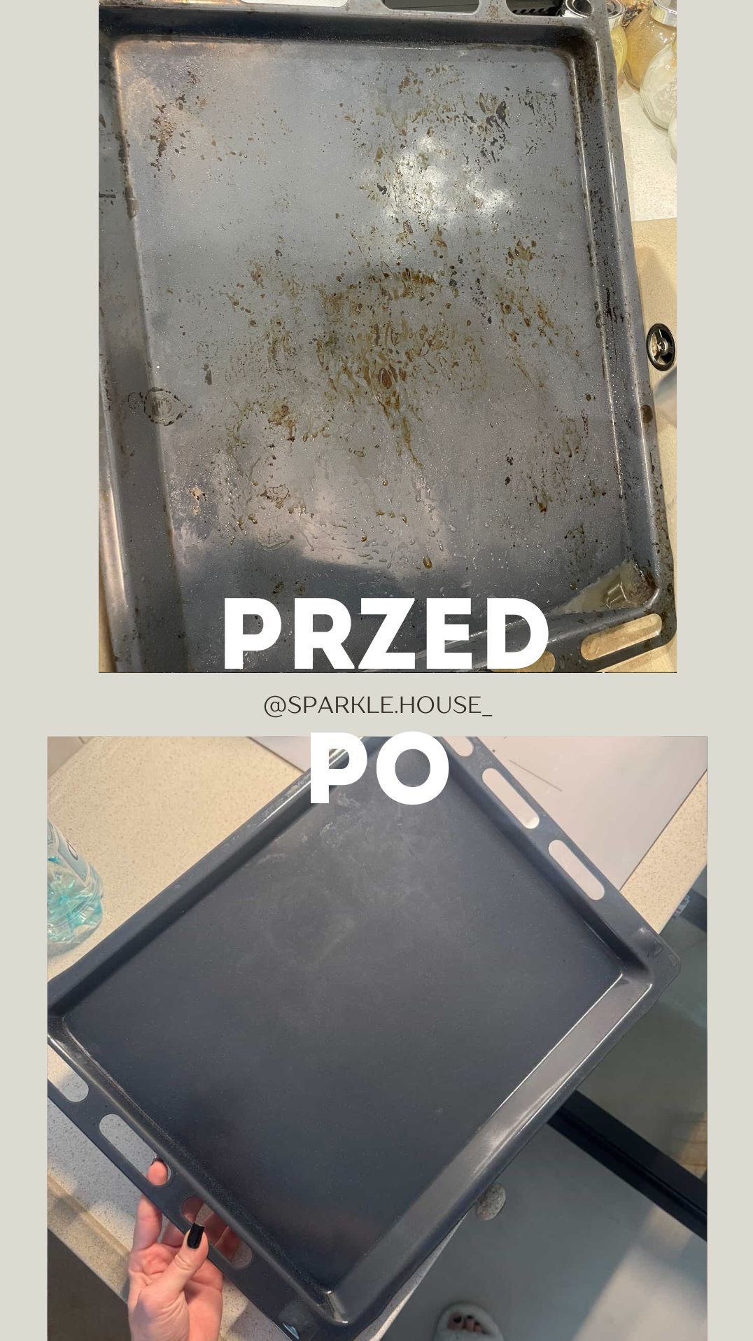 Brudna blacha do pieczenia 'przed' i czysta 'po' - efekt sprzątania. Widoczne resztki jedzenia i tłuszcz usunięte. Porównanie stanu blachy przed i po czyszczeniu.