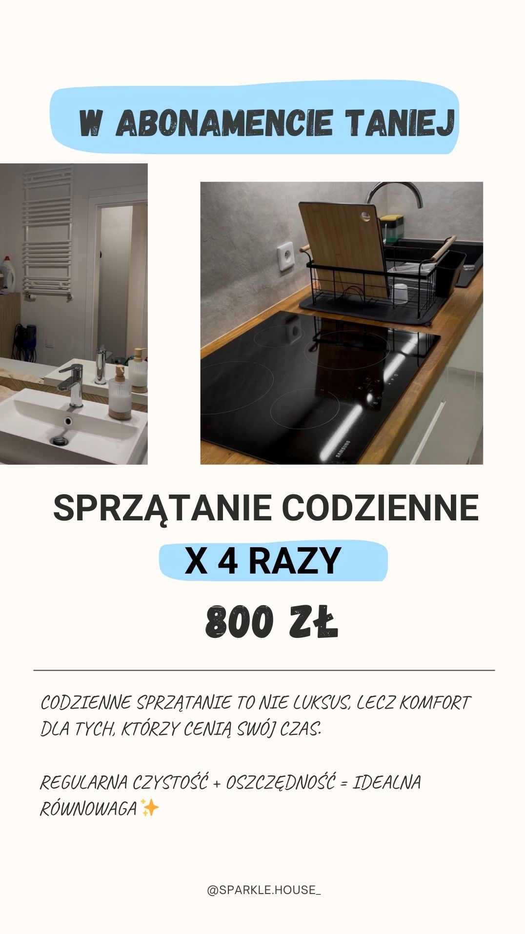 Grafika reklamowa: czysta łazienka z umywalką i kuchnia z płytą indukcyjną. Oferta sprzątania codziennego 4 razy w miesiącu za 800 zł.