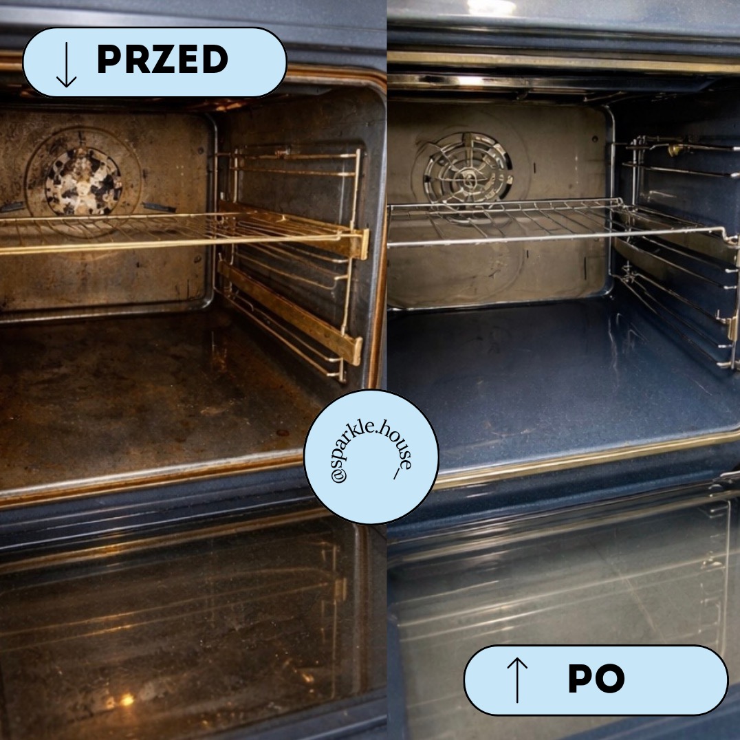 Piekarnik przed i po czyszczeniu: po lewej brudny, po prawej lśniący. Widoczne wnętrze piekarnika z rusztem. Ujęcie z bliska, z logo firmy na środku.