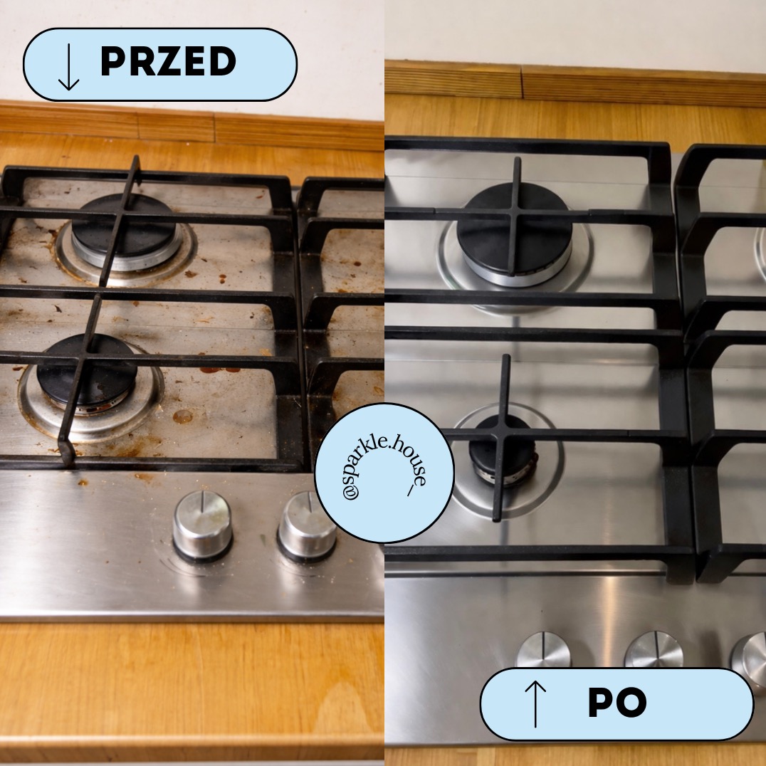 Kuchenka gazowa przed i po czyszczeniu. Lewa strona: zabrudzona, prawa strona: lśniąca czystością. Widoczne palniki i pokrętła. Ujęcie z góry, z bliska.