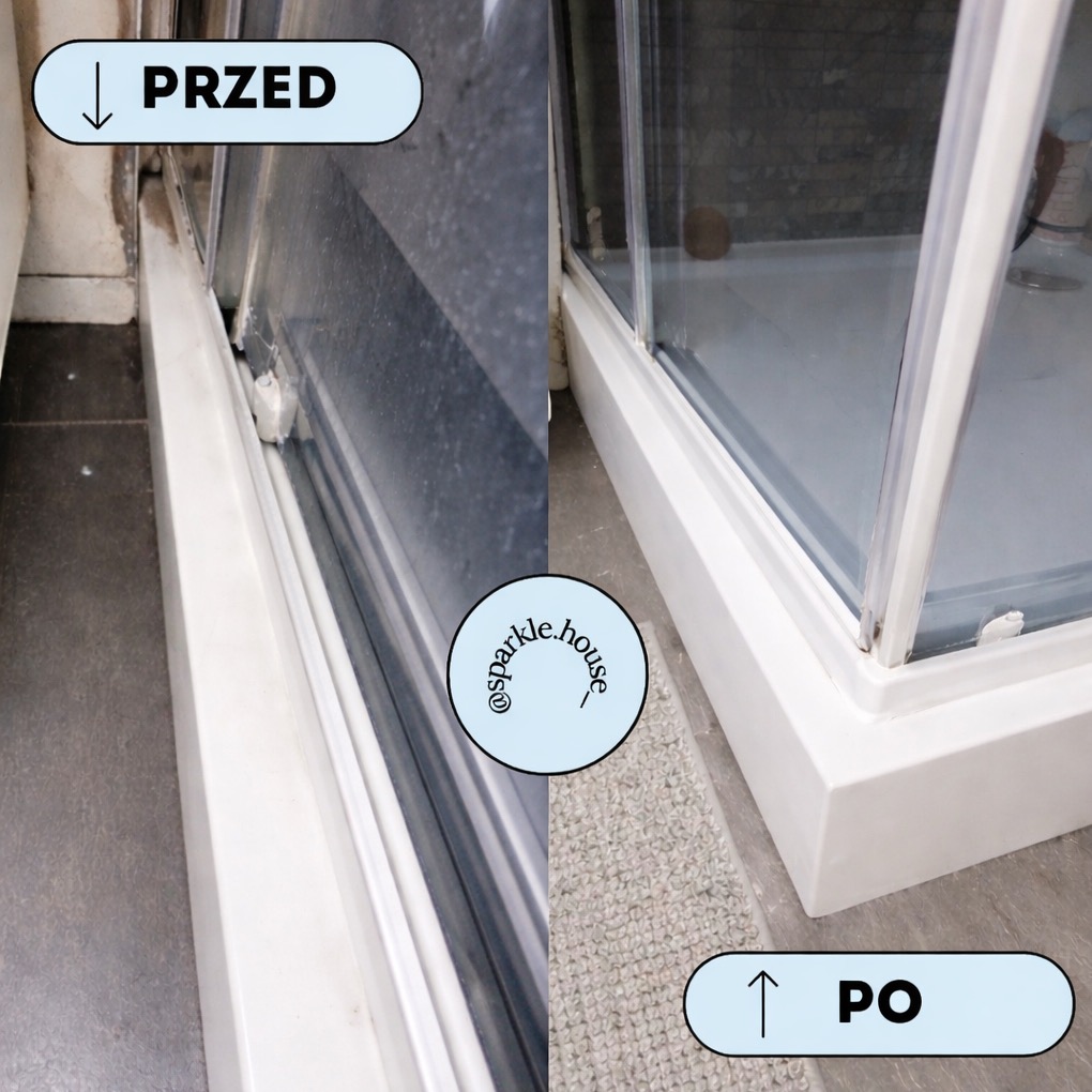Kabina prysznicowa: porównanie stanu przed i po czyszczeniu. Widoczne usunięte zabrudzenia i osady, ukazujące efekt profesjonalnego sprzątania.