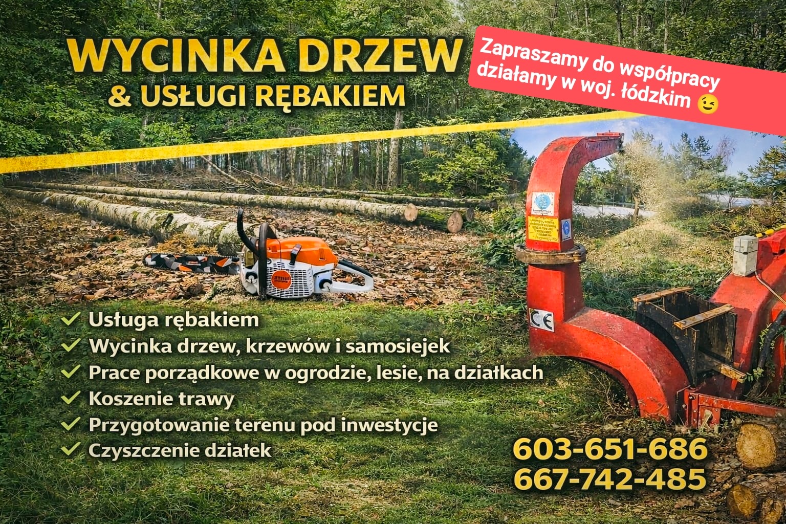 Usługi rębakiem: wycinka drzew, krzewów, samosiejek, prace porządkowe, koszenie trawy, przygotowanie terenu pod inwestycje, czyszczenie działek. Numer telefonu.