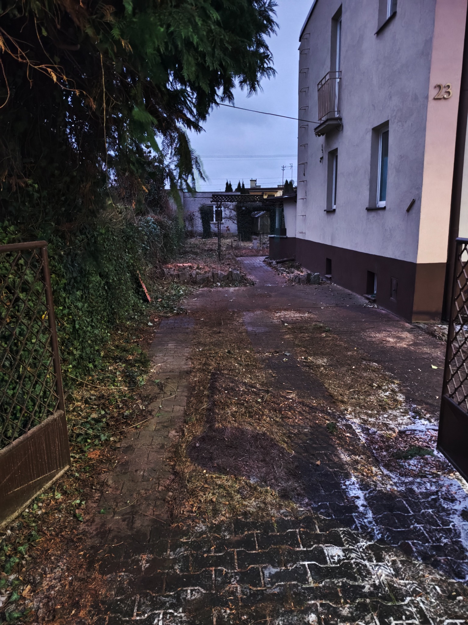 Uporządkowany teren po wycince drzew i krzewów przy budynku z numerem 23, widok zza otwartej, metalowej bramy. Ślady po pracy na ziemi i resztki roślinności.