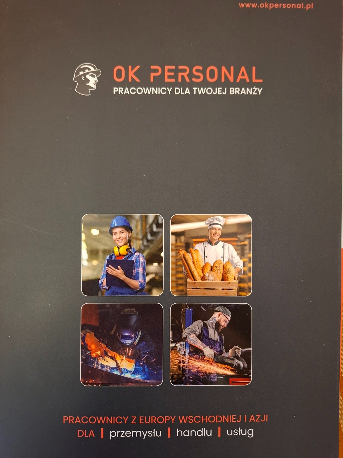 OK Personal: Pracownicy dla Twojej branży. Oferta pracowników z Europy Wschodniej i Azji dla przemysłu, handlu i usług. Na grafice pracownik budowlany, piekarz i spawacz.