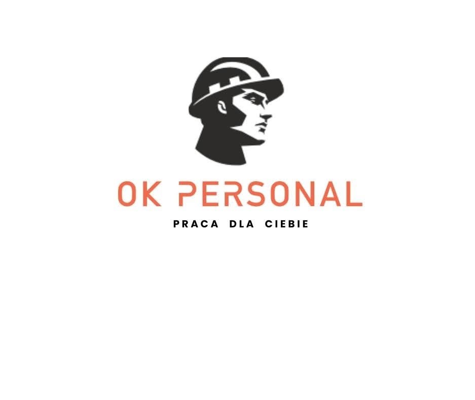 Logo firmy OK Personal z sylwetką pracownika w kasku i hasłem 'Praca dla Ciebie'. Grafika w odcieniach szarości na białym tle, minimalistyczny design.