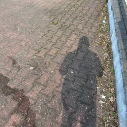 LUXA SPÓŁKA Z OGRANICZONĄ ODPOWIEDZIALNOŚCIĄ - Cień osoby na brudnej kostce brukowej z mchem i liśćmi, widoczne ślady po wodzie. Część opony samochodu w rogu kadru.