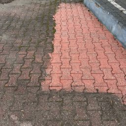 LUXA SPÓŁKA Z OGRANICZONĄ ODPOWIEDZIALNOŚCIĄ - Częściowo wyczyszczona, czerwona kostka brukowa. Lewa strona brudna, porośnięta mchem, prawa czysta. Widoczny fragment samochodu i krawężnik.